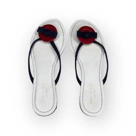 Kate Spade KSNY Thong Button + Bow Flat Leather Sandals Red White Blue 8M - Picture 13 of 16